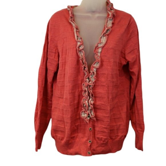 Banana Republic Pink Ruffle Cardy Cardigan Sweater Striped XL - Picture 1 of 12